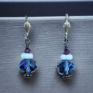 Blue Czech Crystal Accented with Purple Swarovski and White Glass Spacer Earring